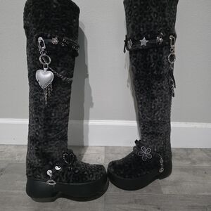 CROCS Black Leopard Print Platform Boots with Silver Accents